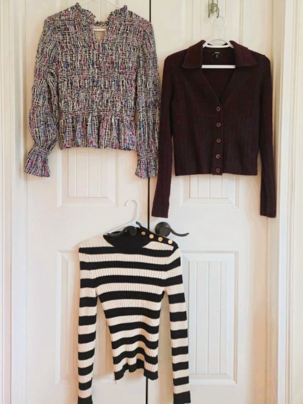 Express Bundle: Deep Purple & Striped Sweaters & a Boho Peplum Top, Size XS & S